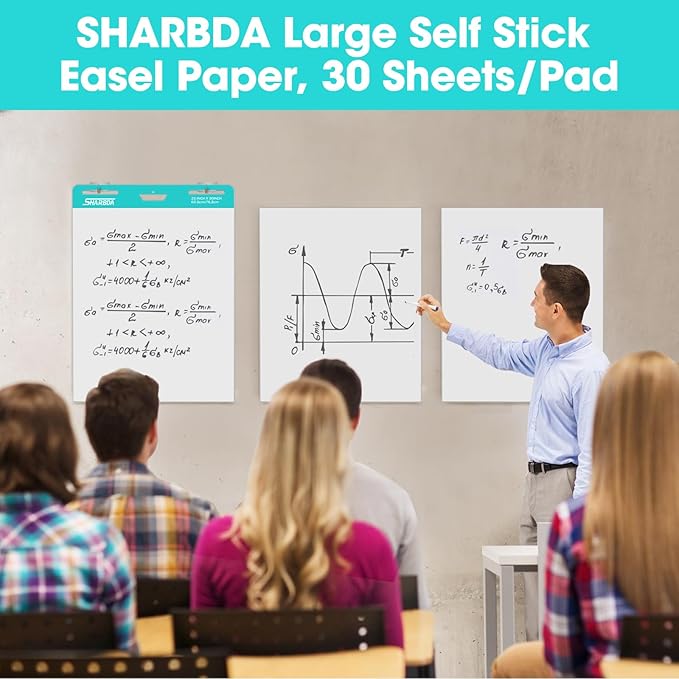 SHARBDA Sticky Easel Pad, 25 in x 30 in,Flip Chart, Chart Paper for Teachers, Large Self-Stick Easel Paper,Super Sticky & Bleed-Resistant,30 Sheets/Pad,10 Pads