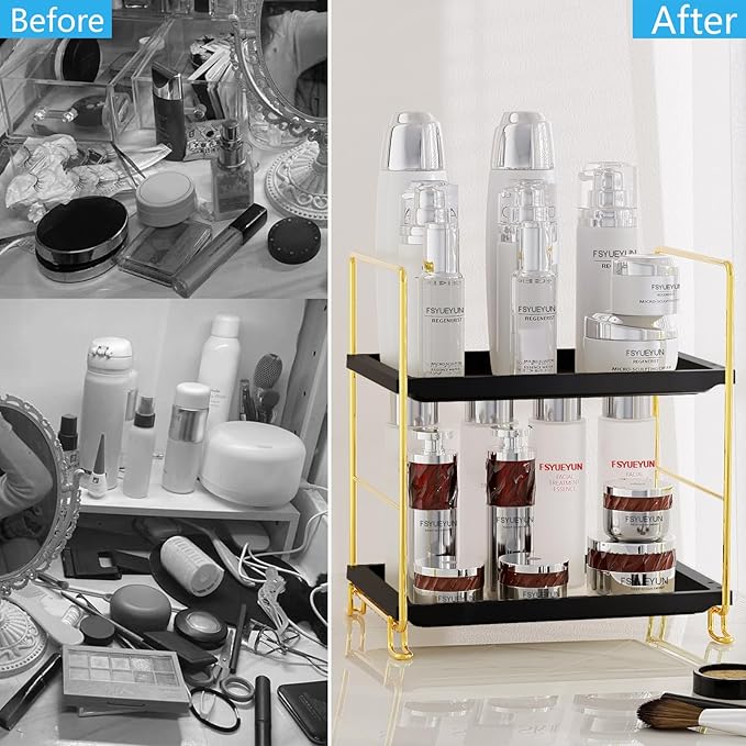 FSyueyun 2-Tier Bathroom Countertop Organizer, Tool-Less Installation Premium Plastics Makeup Shelf Organizer Perfume Skincare for Dresser Vanity Tray Organizers and Storage (Gold & Black)