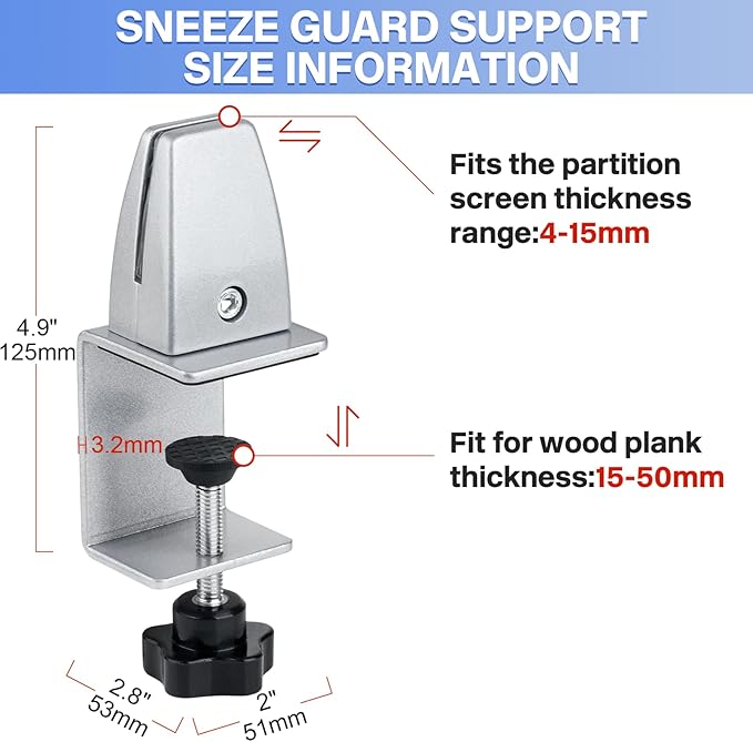 4 Packs Sneeze Guard Support, Aluminum Adjustable Partition Clamp, Acrylic Desk Divider Support, Desk Shield Clamp Privacy Panel for Counter