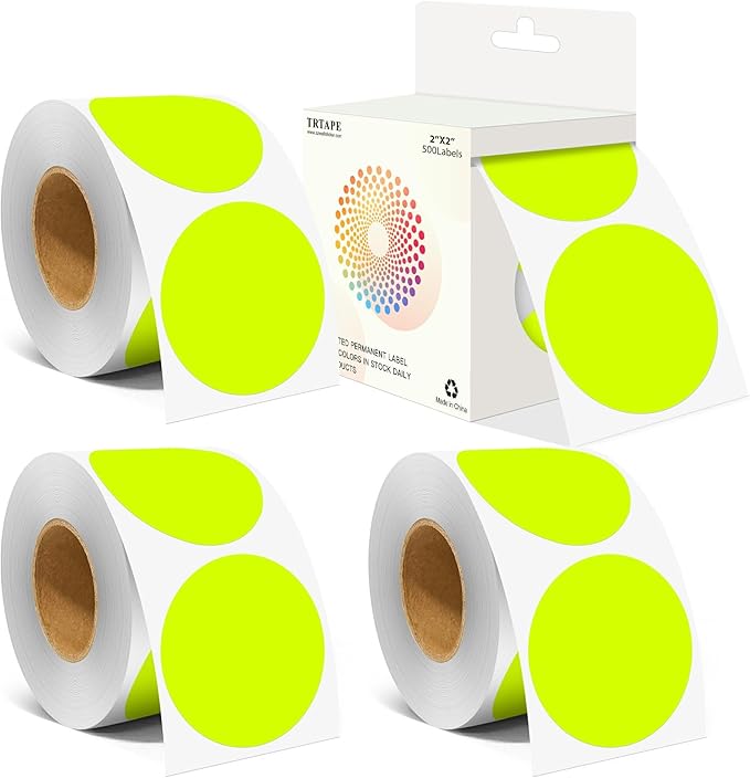 2 Inch Color Coding Round Labels (2000Pcs, 4 Rolls) - Round Colored Dot Stickers for Inventory, Pantry, Warehouse Organization - Fluorescent Yellow Circle Dot Labels