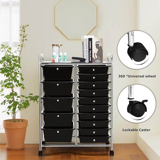 LDAILY 15 Drawer Rolling Storage Cart, Rolling Cart with Drawers for Classroom, Art Supply Craft Organizer on Wheel with Metal Frame & Handles for Home Office School