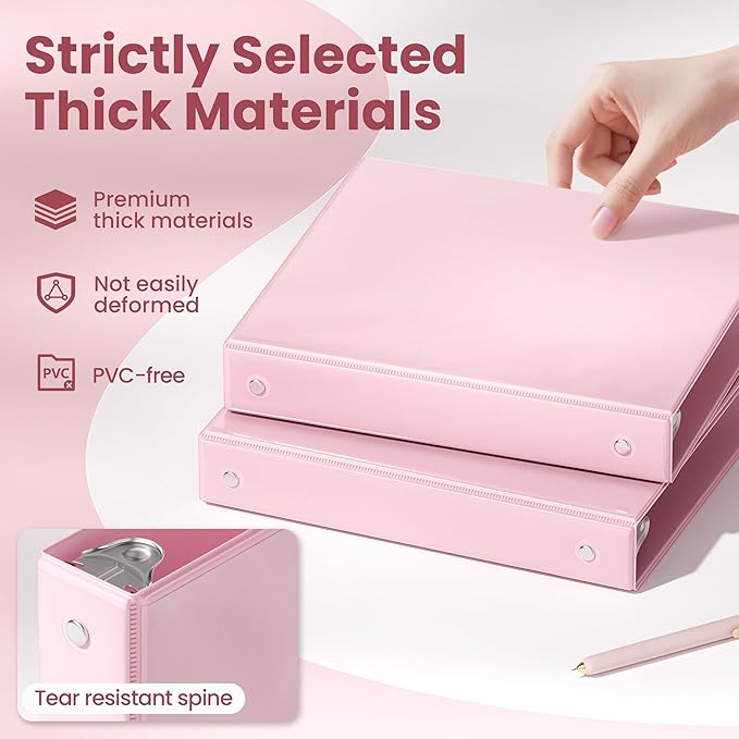 SUNEE Binder 3 Ring 1 Inch 1 Pack, Clear View 1" Binder Three Ring PVC-Free (Fit 8.5x11 Inches) for School or Office Supplies, Pink