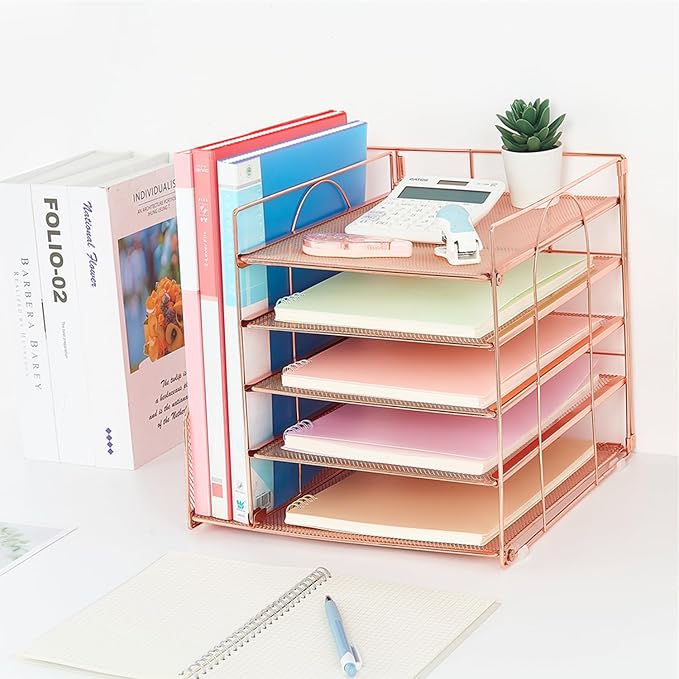 LEKETREE Desk Organizers and Accessories, 5-Tier Paper Letter Tray Organizer with File Holder, Desktop Organizer for Office Supplies (Rose Gold)