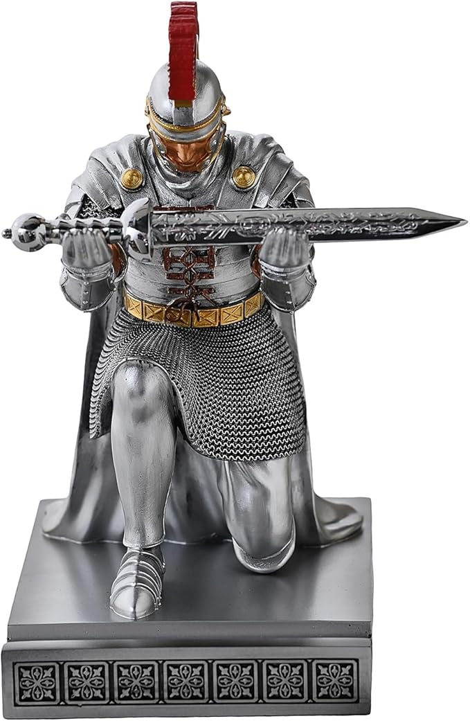 CYXStar Roman Praetorian Prefect Warrior Knight Pen Holder Desk Ornament Resin Praetorian Guard Mobile Phone Stand Desk Accessories and Organizer for Office with a Letter Opener (Silver)
