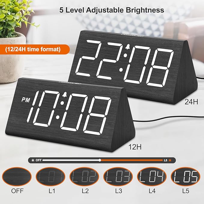 DreamSky Wooden Digital Alarm Clocks for Bedrooms - Electric Desk Clock with Large Numbers, USB Port, Loud Alarm for Heavy Sleepers, Adjustable Volume, Dimmer, DST, Wood Décor Gifts, Adapter Powered