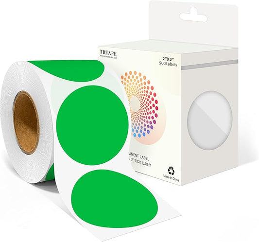 2 Inch Round Color Coding Labels (500 Count) - Green Dot Stickers Circle Labels with Dispenser Box for Warehouse, Filing, Industrial, Office Organization