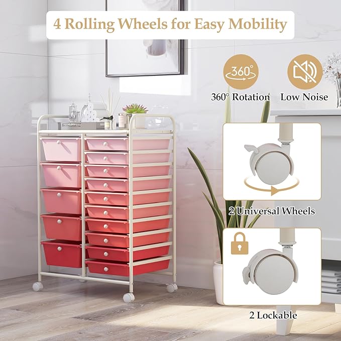 GLACER 15 Drawers Rolling Cart, Storage Cart with w/Removable Drawers & Steel Frame, Multipurpose Organizer Cart w/Sleek Handle, Utility Cart on Lockable Wheels for Home, School, Office (Pink)