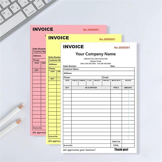 Custom Invoice Book in 3-Part /2-Part Receipt Book with Carbon Copies Personalized Carbonless Service Invoice Form Books Sales Order Book with Company Name Logo Address,A-Invoice Book