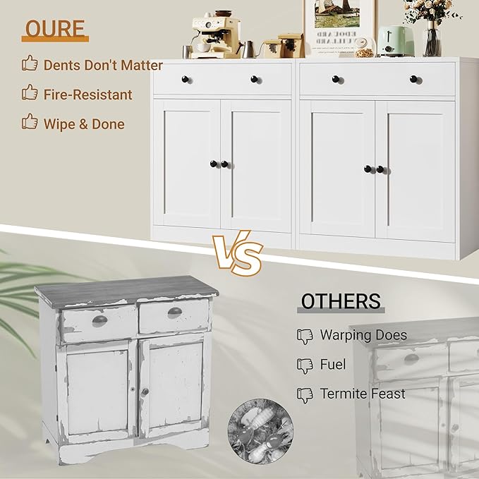 TaskStorz Metal Storage Cabinet with 2 Doors and 1 Drawer, Farmhouse Buffet Cabinet with Storage, 32.3" H Coffee Bar Cabinet with Storage for Kitchen, Dining Room, Hallway, White