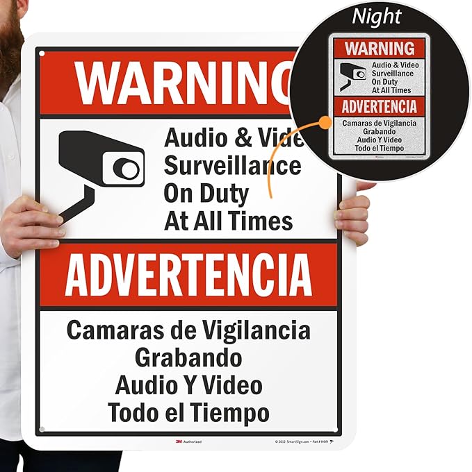 SmartSign 30 x 24 inch “Warning - Audio & Video Surveillance On Duty At All Times” Bilingual Sign, 80 mil Aluminum, 3M Laminated Engineer Grade Reflective Material, Red, Black and White, USA-Made