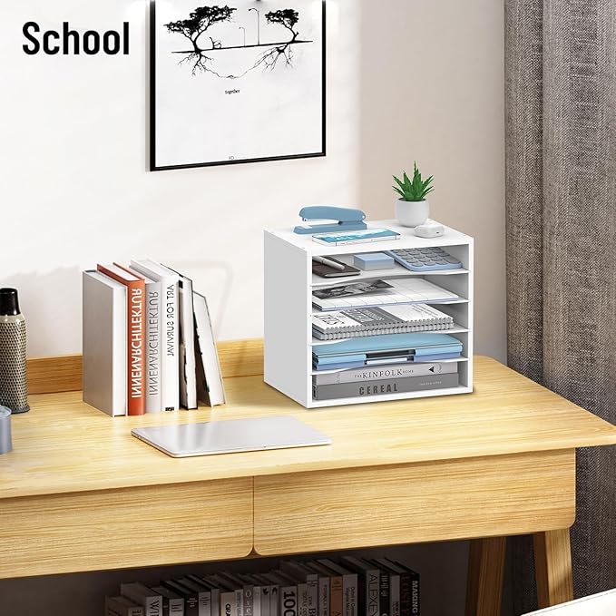 SHARKWOODS 5-Tier Wood Desk Organizer, Paper Tray Organizer for Desk with Adjustable Storage Shelves, Desktop File Organization Paper Sorter Mail Holder for Office Home Classroom, White