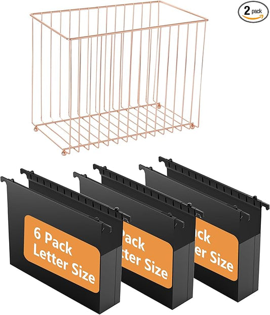 Hanging rose gold file manager, equipped with 6 letter sized plastic organ folders, file baskets, file boxes, storage boxes, office and study supplies, black