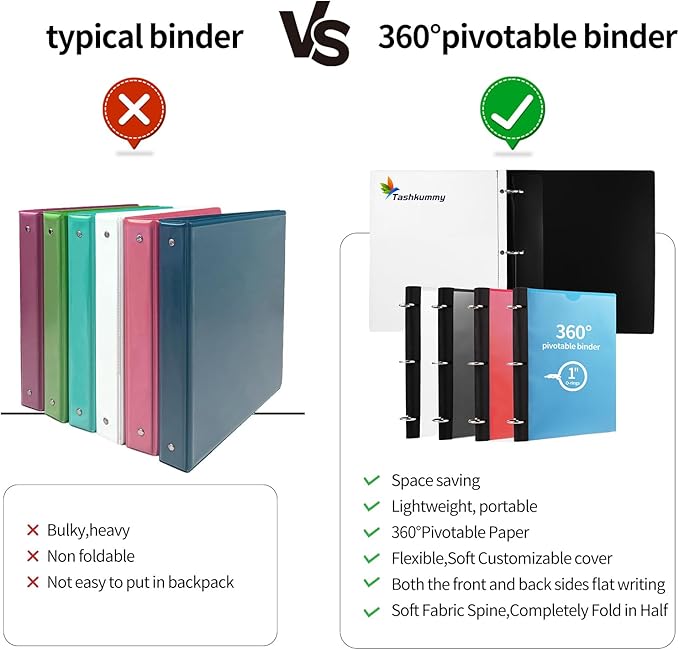 Tashkummy 360 Degree Pivotable Binder, Upgraded 3 Ring Binder 1 inch 4 Pack, Flexible Binders 3 Ring, Foldable Three Ring Binders- Black, White, Blue, Red