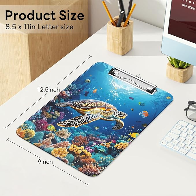 Luminzo Plastic Cute Clipboard Low-Profile Metal Clip, A4 Letter Size 9 x 12.5 in, 8.5 x 11 Paper Clip Board for Teachers, Nurses, Classroom,Sea Turtles