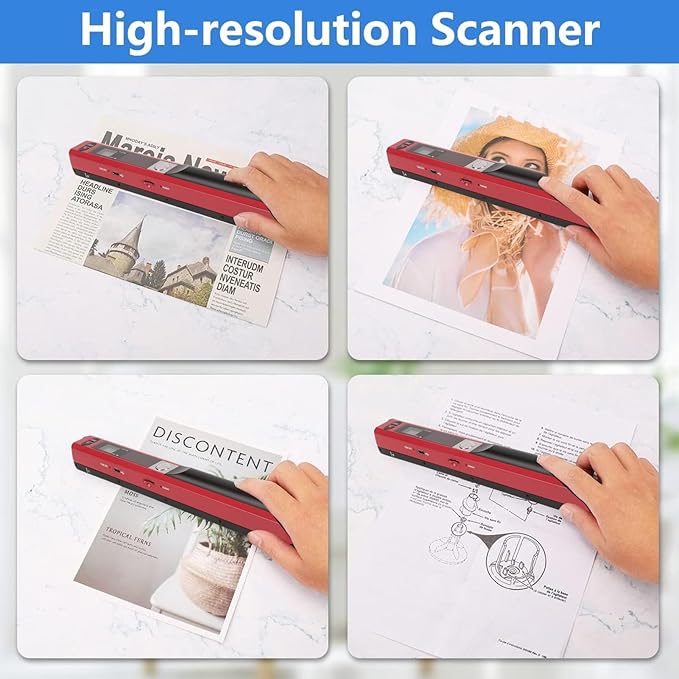 Marhynchus Portable Scanner Handheld Document Scanner with 300DPI 600DPI 900DPI Resolution Modes USB Connection for Business Home Office Use (Red)