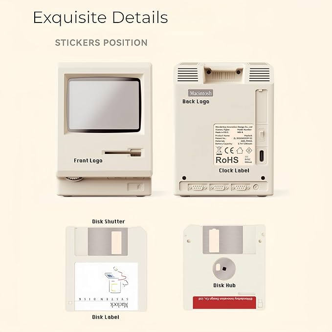 OIJ Maclock Retro Pixel Alarm Clock, 1984 Computer-Inspired USB Desk Clock with Pixel Display, Multiple Alarms, Adjustable Brightness, Calendar, Temperature