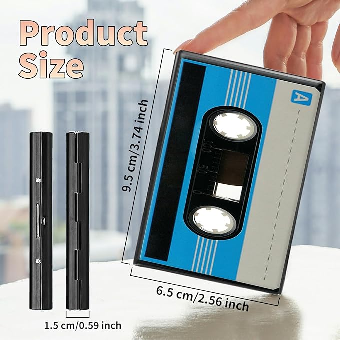 BWEGRHE Slim Credit Card Holder, Blue Cassette RFID Blocking Metal Wallet for Men & Women, Aluminum Minimalist Hard Case Pocket-Sized Business Cards Organizer (Fits Up to 10 Cards)