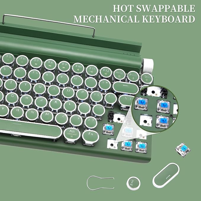 Adventurers Retro Typewriter-Style Mechanical Keyboard, 83 Keys, 75% Compact Layout, Bluetooth 5.0 and Wired, Hot-Swappable Blue Switch, White Backlit for Windows/Mac/iPad/PC/Laptop (Dark Green)
