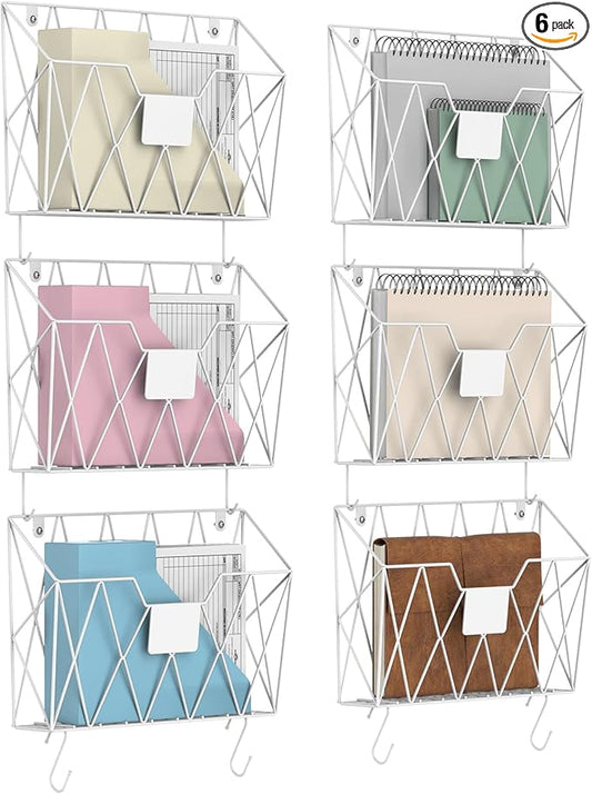 CADUKE 6 Pack Hanging Wall File Organizer Mesh Folder Holder Mail Magazine Organizer Wall Mounted with Hooks & Label Panels for Office Home, White
