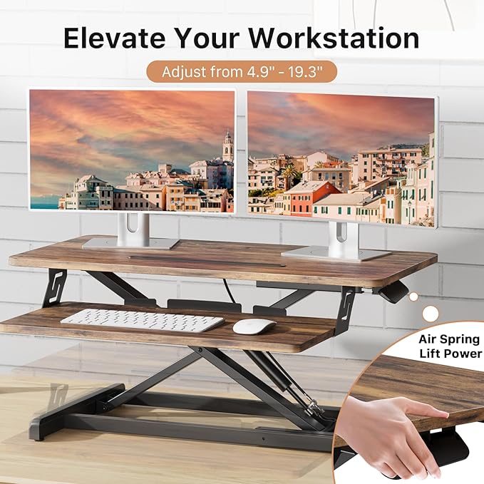 JOY worker Standing Desk Converter, 32" Wide Height Adjustable Sit Stand Up Desk Riser with Keyboard Tray, Desktop Workstation Riser for Home Office Computer Laptop, Particle Board, Rustic