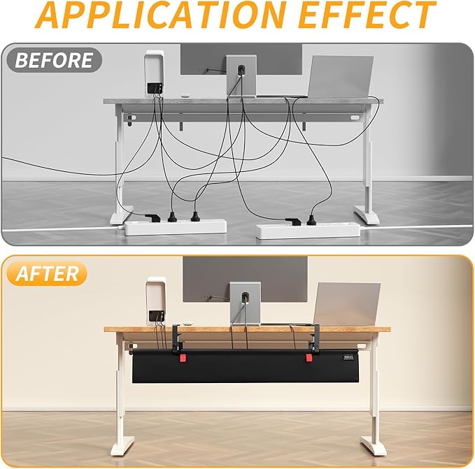 SUREUP9 No Drill Under Desk Cable Management Tray, 48" Cord Organizer with Clamp, Fabric Cable Management for Standing Desks, Ideal for Home & Office - Black