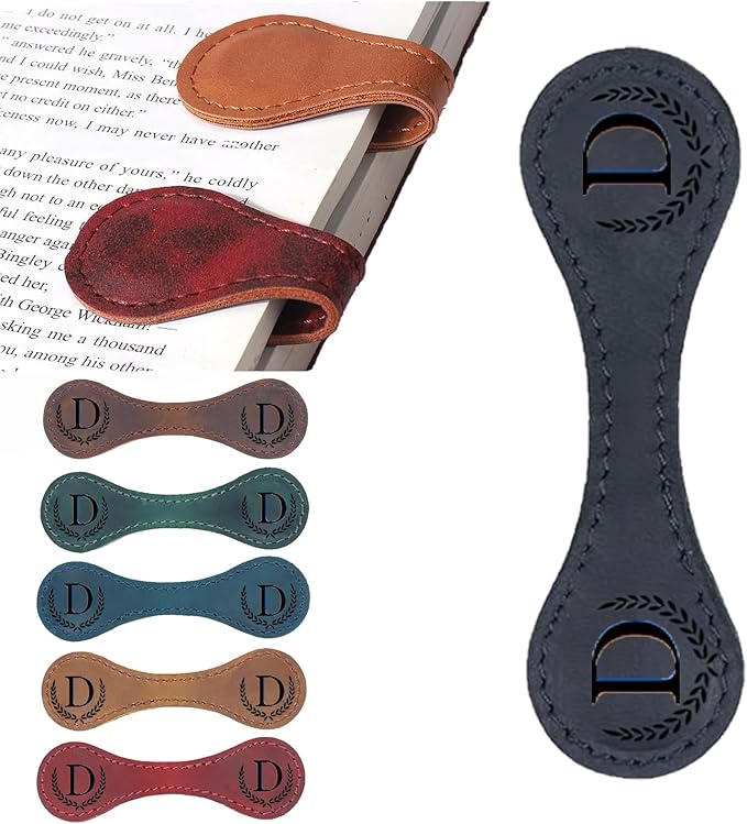 Artlaza Personalized Magnetic Leather Bookmark, 26 Letters Custom Leather Bookmarks, Handmade, Leather Magnetic Bookmark for Book Lovers Readers Women Kid(Black，D）