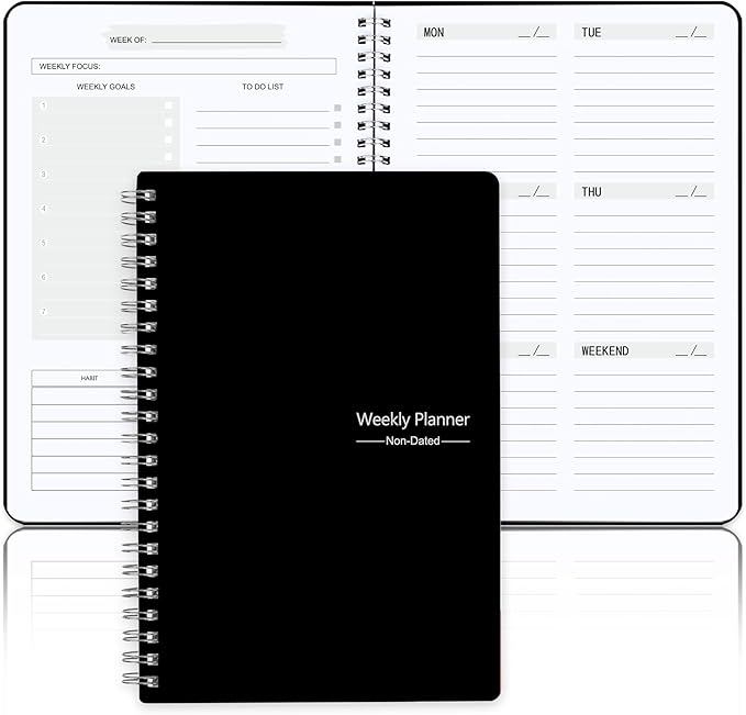 Undated Weekly Planner, Weekly Goals Notebook, A5 To Do List Planner, Habit Tracker Journal with Spiral Binding, 5.7 x 8.0 in, Black