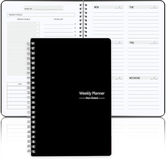 Undated Weekly Planner, Weekly Goals Notebook, A5 To Do List Planner, Habit Tracker Journal with Spiral Binding, 5.7 x 8.0 in, Black