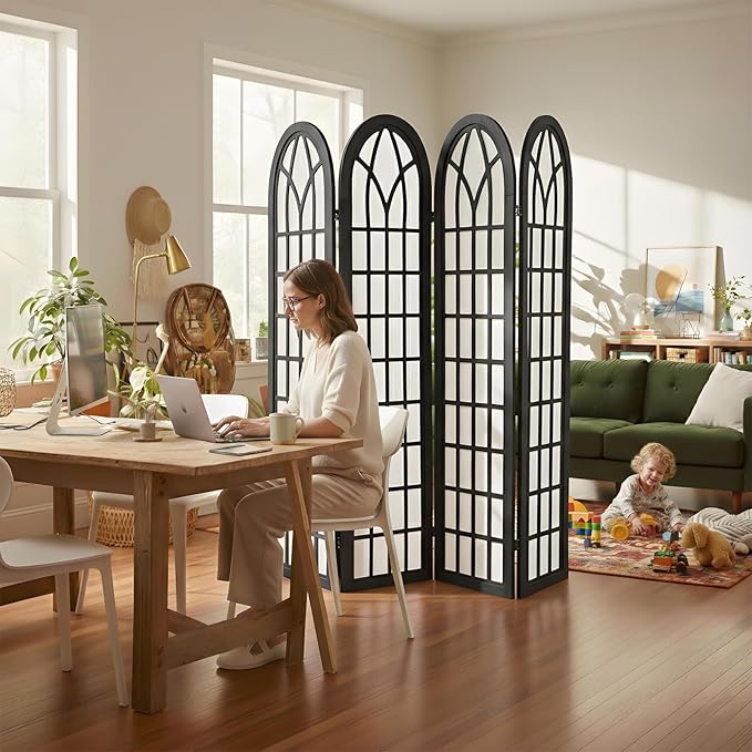Asnefeli Room Divider 4 Panel, Japanese Shoji Privacy Screen for Bedroom Home Office Separation, Folding Wood Partition Wall, 5.6 Ft Black Decor