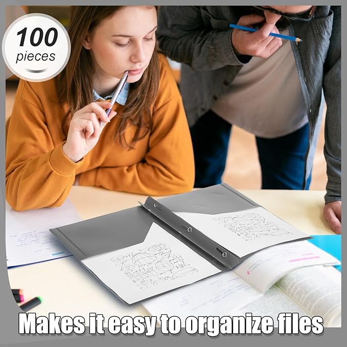 Lincia 100 Pcs Plastic Folders with Pockets and Prong Folders with Prongs 2 Pockets for Office, School for Students, Teachers, Office Workers(Gray)