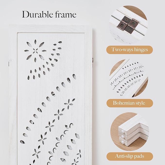 66.9Inch Folding Room Divider, 3 Panels Wood Carved Privacy Screens, Free Assembled Freestanding Partition for Home Office Restaurant Bedroom (White-Washed)