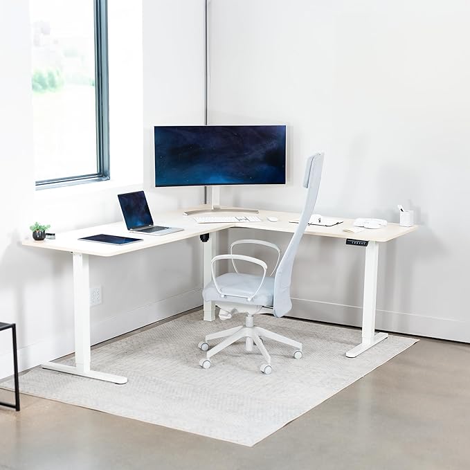 VIVO Electric Corner 75 x 63 inch L-Shaped Standing Desk, Memory Height Adjustment, Light Wood Top White Frame, DESK-E3CTC-75
