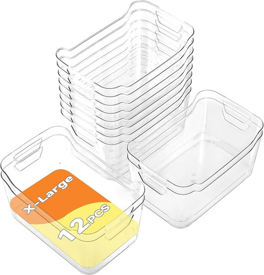 AntStep Clear Plastic Storage Bins - 12 Pack Pantry Organizers and Storage, Clear Pantry Organizer Bins, X-Large Plastic Containers with Handle for Kitchen,Freezer,Cabinet,Closet,Bathroom Under Sink