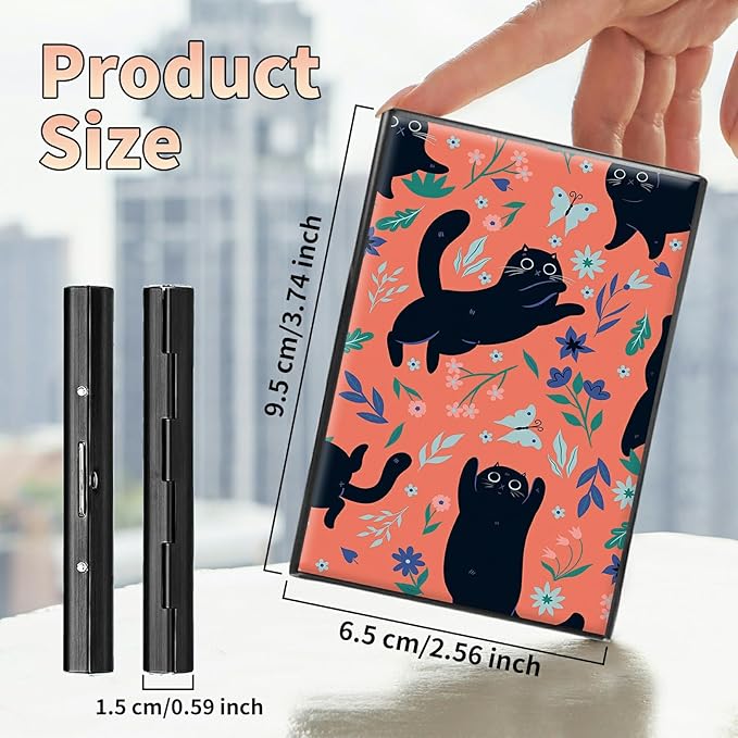 BWEGRHE Slim Credit Card Holder, Black Cat Flowers RFID Blocking Metal Wallet for Men & Women, Aluminum Minimalist Hard Case Pocket-Sized Business Cards Organizer (Fits Up to 10 Cards)