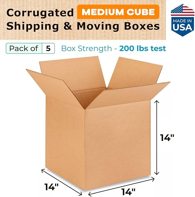 Medium Cube Moving & Shipping Boxes 14 x 14 x 14 inches (5-Pack) - Extra Strength 200 lb vs Regular - Corrugated Boxes for Shipping - Medium Shipping Box by IDL Packaging