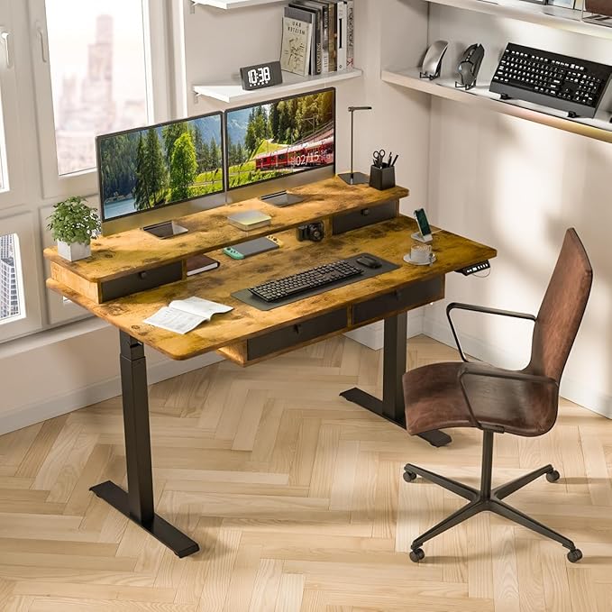 Kingant 55 x 30 Inch Electric Standing Desk with 4 Drawers, Adjustable Height Computer Desk for Home Office, Large Workstation Sit Stand Up Desk with Built-in USB A/C Charging Ports, Rustic Brown