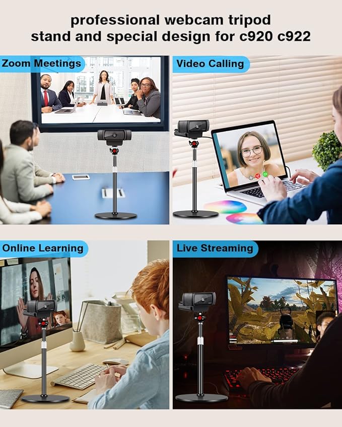 Nycetek Webcam Tripod Stand for Desk: Webcam Stand for Logitech Brio | C920 | C922 | C615 | C930e - Height & Angle Adjustable Desktop Tripod for Light & 1/4" Thread for Live Streaming | Video Calling