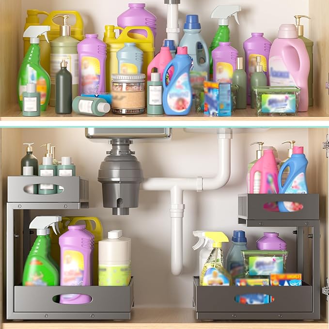 Beleeb Under Sink Organizer, Extra-Wide Upgrade, 1-Pack of 2-Tier Metal Slide Out Cabinet Organizer, Height Adjustable Organization and Storage Series, Bathroom/Cabinet/Kitchen organization, Black