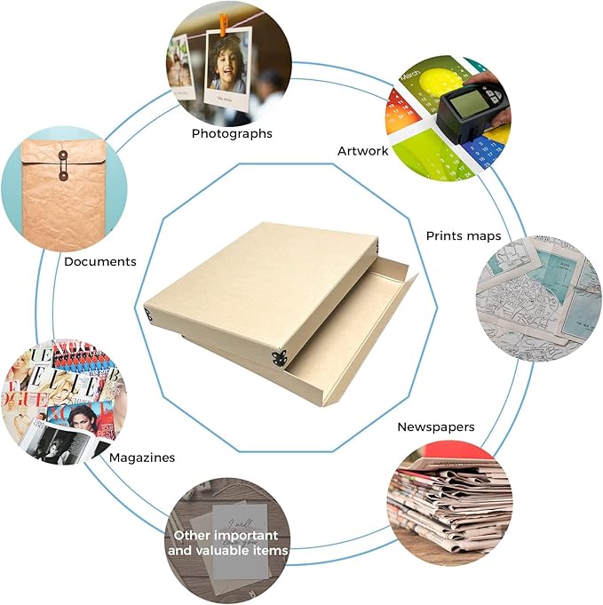 Lineco Museum Storage Box Tan, 8"x10"x1.5", Archival Boxboard, Drop-Front Design with Metal Edge. Organize, Store and Preserve Photographs, Prints, Documents, Art, Ephemera, Family Records
