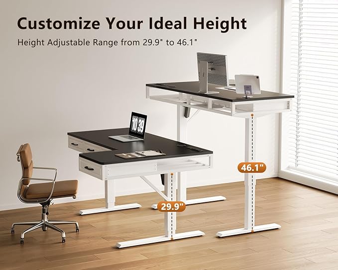 OffiGo L Shaped Electric Standing Desk with Wooden Drawers, 55 Inch Height Adjustable Corner Workstation with Power Outlets, Sit Stand Table for Home, Office, White+Black