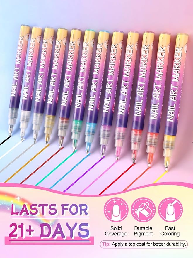 EBANKU 12 Colors Nail Art Pens Kit 0.5MM Ultra-Fine Tip 3D Nail Polish Pens Quick-Dry Acrylic Paint Pens Nail Markers Dotting Tools for Home & Salon Manicure
