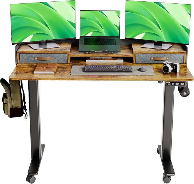 Claiks Standing Desk with Drawers, Stand Up Electric Standing Desk Adjustable Height with Storage Shelf and Splice Board, 48 Inch, Rustic Brown