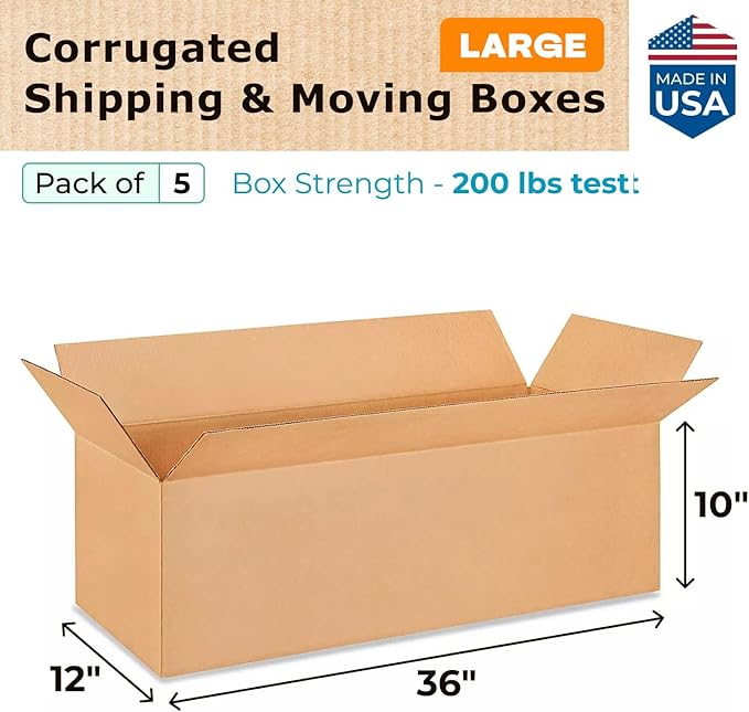 Large Shipping & Moving Boxes 36 x 12 x 10 inches (5-Pack) - Extra Strength 200 lb vs Regular - Corrugated Boxes for Packaging Moving Stuff - Moving Box for USPS - Carton Box by IDL Packaging
