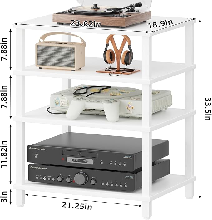 LELELINKY 4-Tier AV Media Player Stand, Stereo Stand, Modern Audio Shelf,Wooden TV Stand,Multifunctional Media Console Shelf, Suitable for Home, Conference Room, White