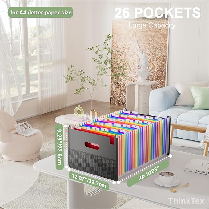 ThinkTex 26-Pocket Accordion File Organizer, Upright & Open Top, A–Z Colorful Tabs, High Capacity Expanding File Folder, Letter/A4 Size Essentials for School, Home, and Office