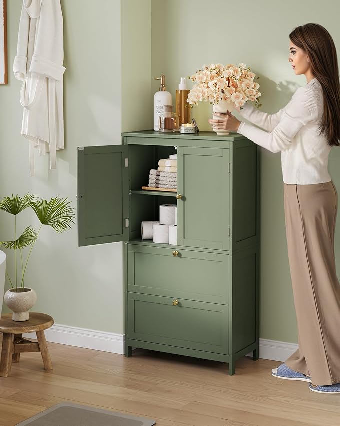 VASAGLE Floor Storage Cabinet, Freestanding Storage Unit with 2 Drawers and 2 Doors, Adjustable Shelf, 11.8 x 23.6 x 43.3 Inches, for Entryway, Bathroom, Forest Green UBBC551C01