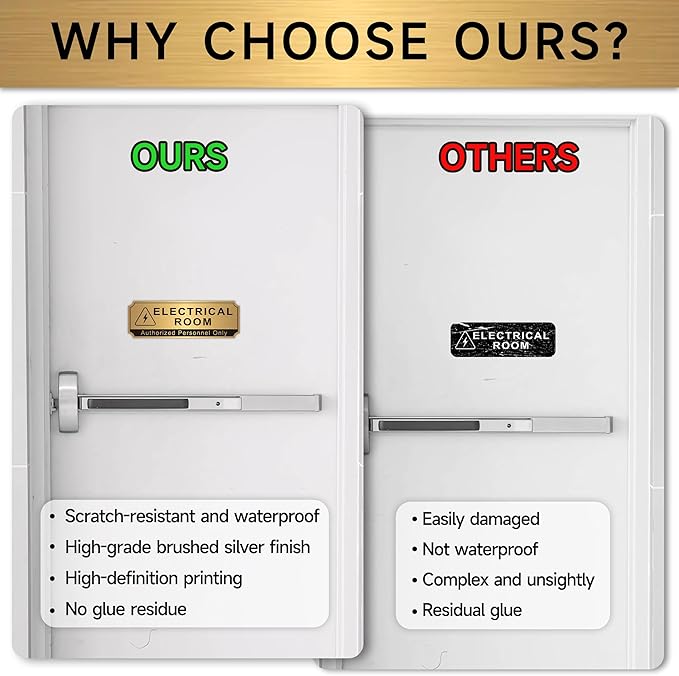 Electrical Room Sign for Business Door，Self-Adhesive Durable Brushed Gold Electric Closet Room Sticker for Home, UV and Weather Resistant Authorized Personnel Only Signs for Business ，Workplace