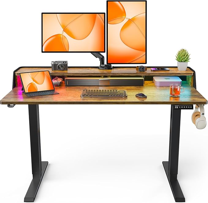 ErGear Standing Desk with LED Strip, 48″ x 24″ Electric Height Adjustable RGB Gaming Table with Shelf, Sit Stand Desk with Dual Cable Holes, C-Clamp Mount Compatible, 4 Preset Heights, Vintage Brown