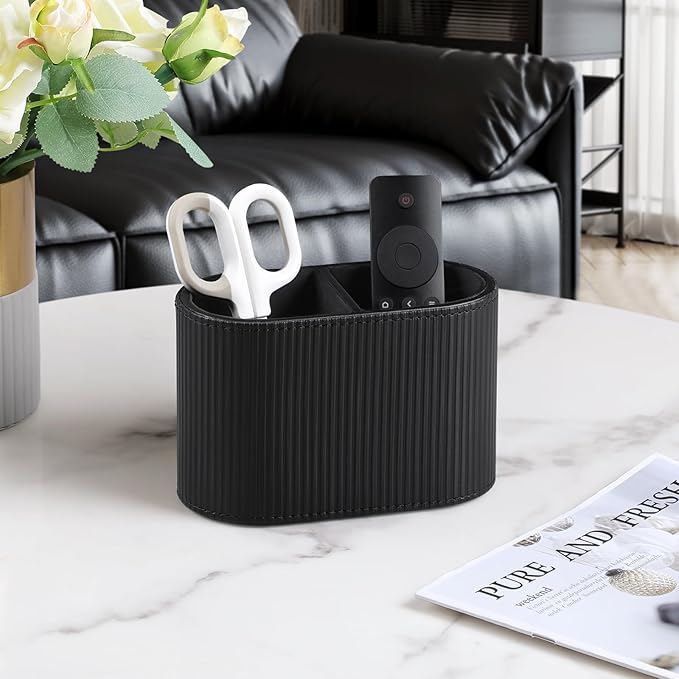 MEIBOOCH PU Leather Pen Holder for Desk, Small Remote Control Holder Pencil Cup Multifunctional Desktop Organizer Caddy for Home School Office Desk Accessories - 2 Compartments (Black Ribbed Texture)