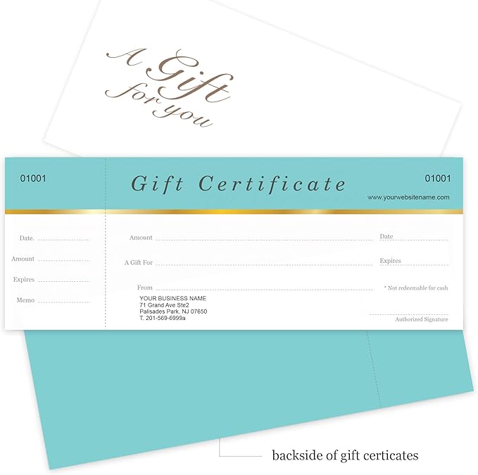 IMPACTONLINEPRINTING Custom Gift Certificates Cards with Envelopes 100set - Aqua Blue - Gift Certificates for Business